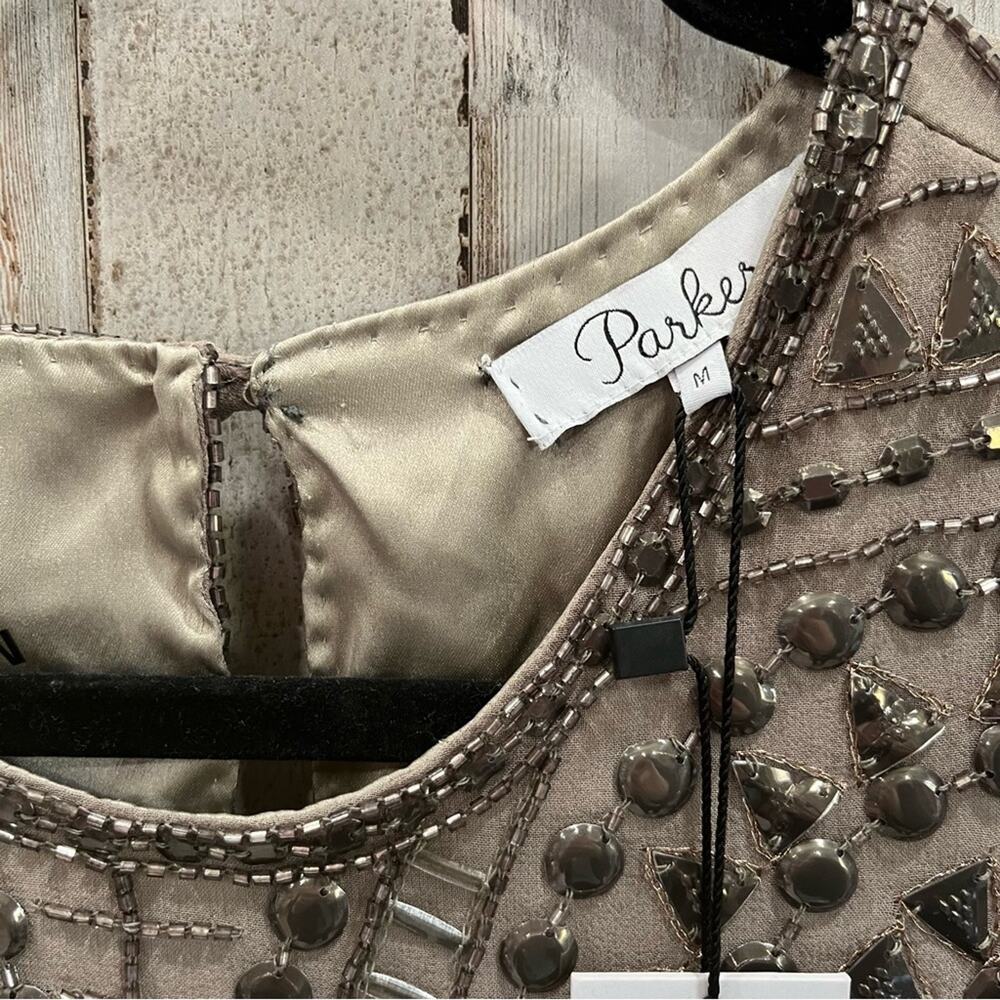 Parker 100% Silk Fully Beaded Allegra Mini Dress Taupe/Gold Size M - Picture 4 of 8